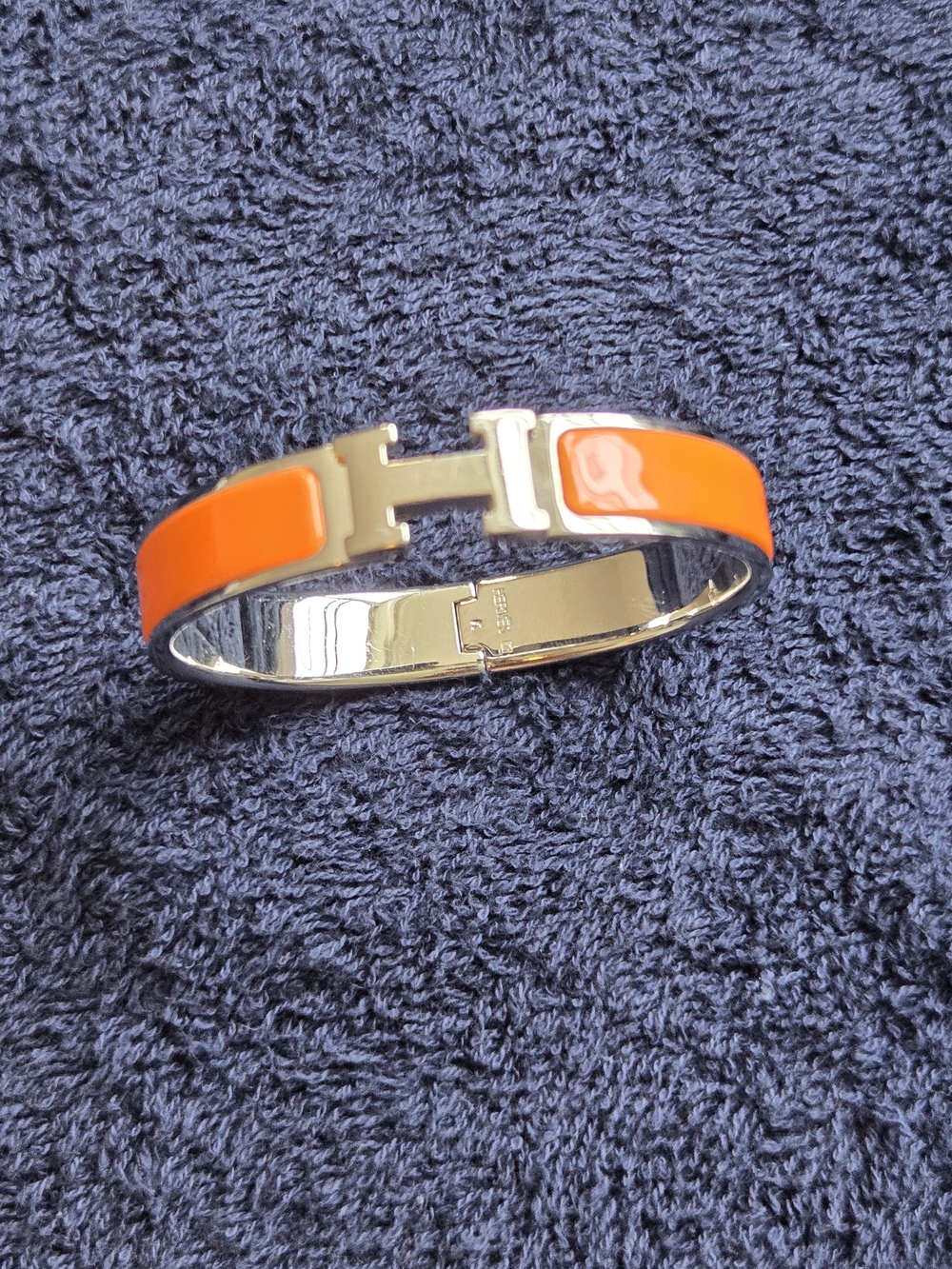 Hermès Clic H Hinged Enamel Bangle Bracelet Orange Silver Signed